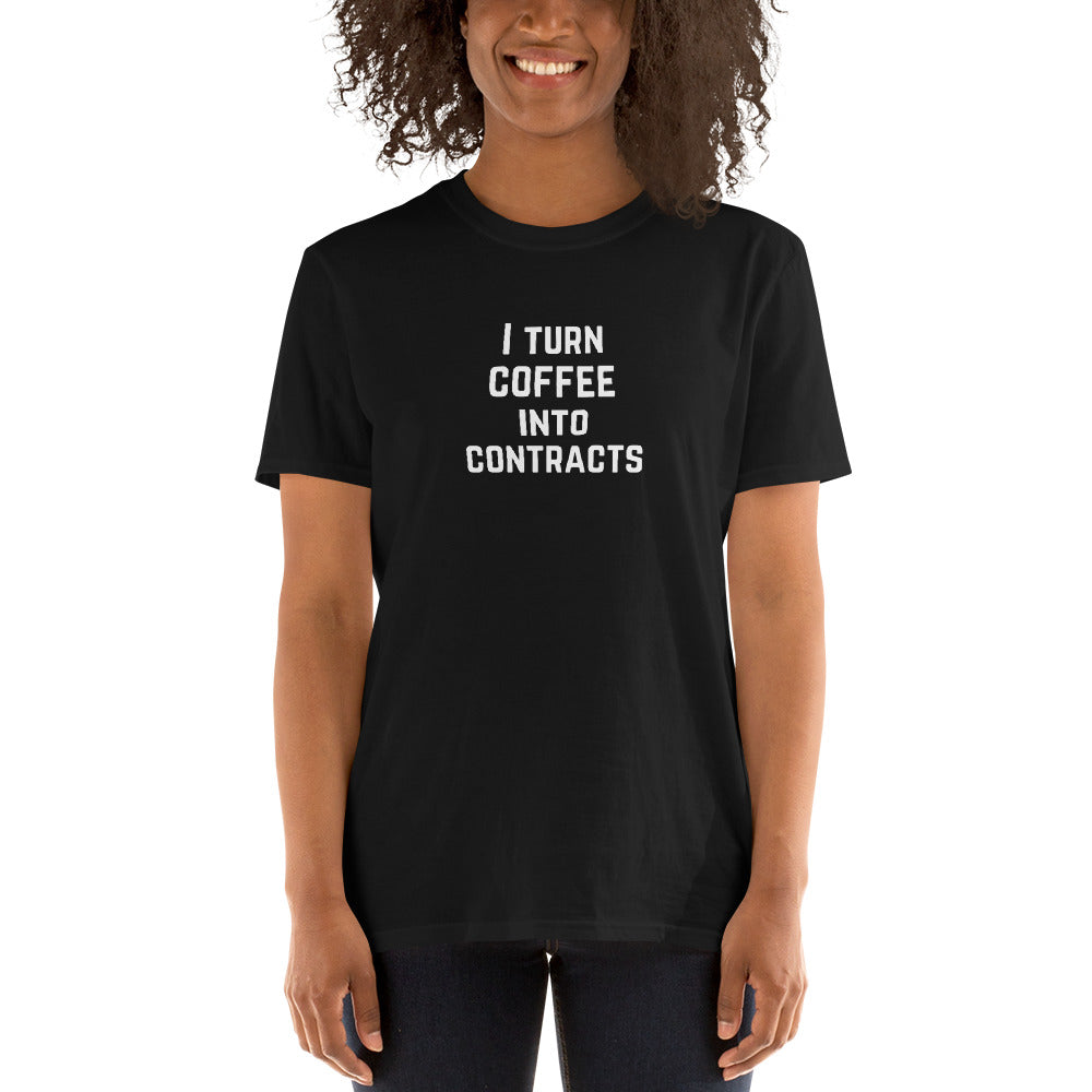 Attorney T Shirt Gift - Coffee Into Contracts White - Premium Unisex Short Sleeve Shirt - The Legal Boutique