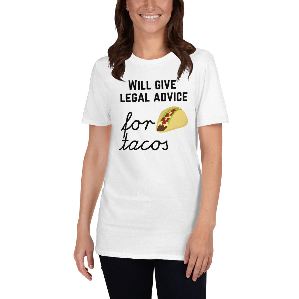 Will Give Legal Advice for Tacos Dark - Short-Sleeve Unisex T-Shirt - The Legal Boutique