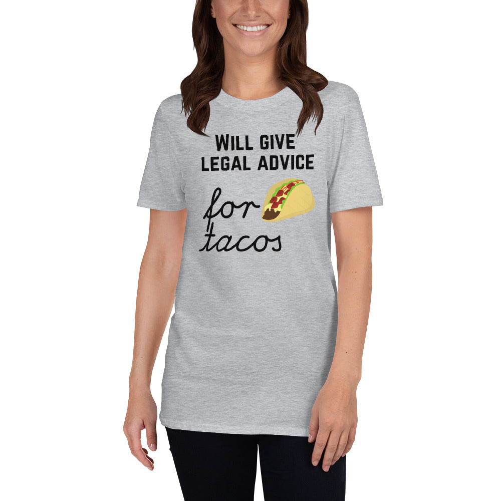 Will Give Legal Advice for Tacos Dark - Short-Sleeve Unisex T-Shirt - The Legal Boutique