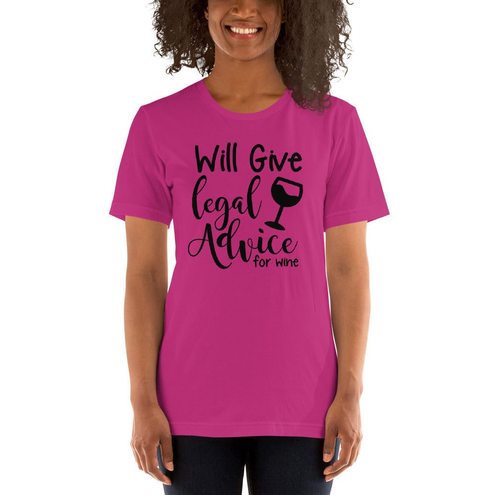Law School T Shirt - Legal Advice for Wine Black - Unisex Short Sleeve Shirt - The Legal Boutique